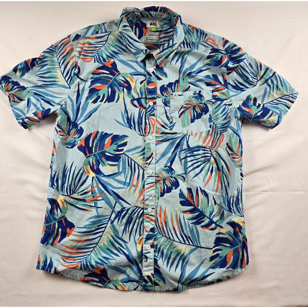 Quiksilver Hawaiian Shirt Mens XL Tropical Palm Leaf Floral Button Up Blue